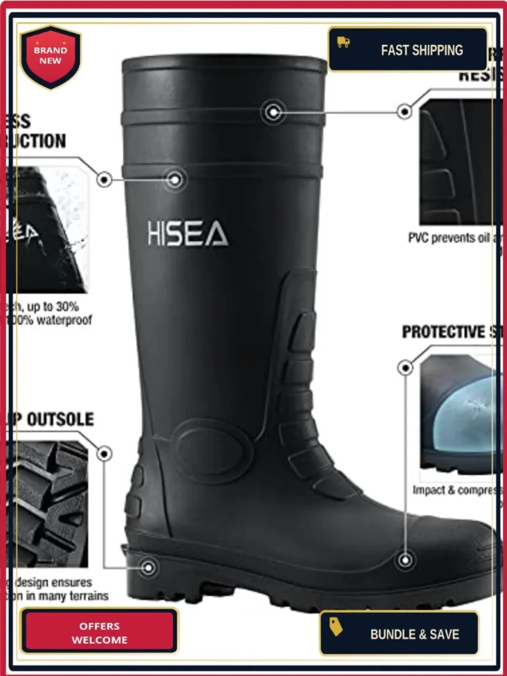 Men's Steel Toe Rain Boots Waterproof Slip Resistant Work Boots